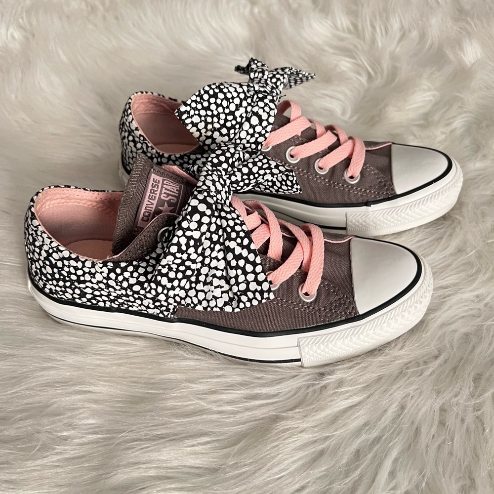 Converse All Star Sneakers Black White Speckled Bow Pink Laces Size 6 Women’s